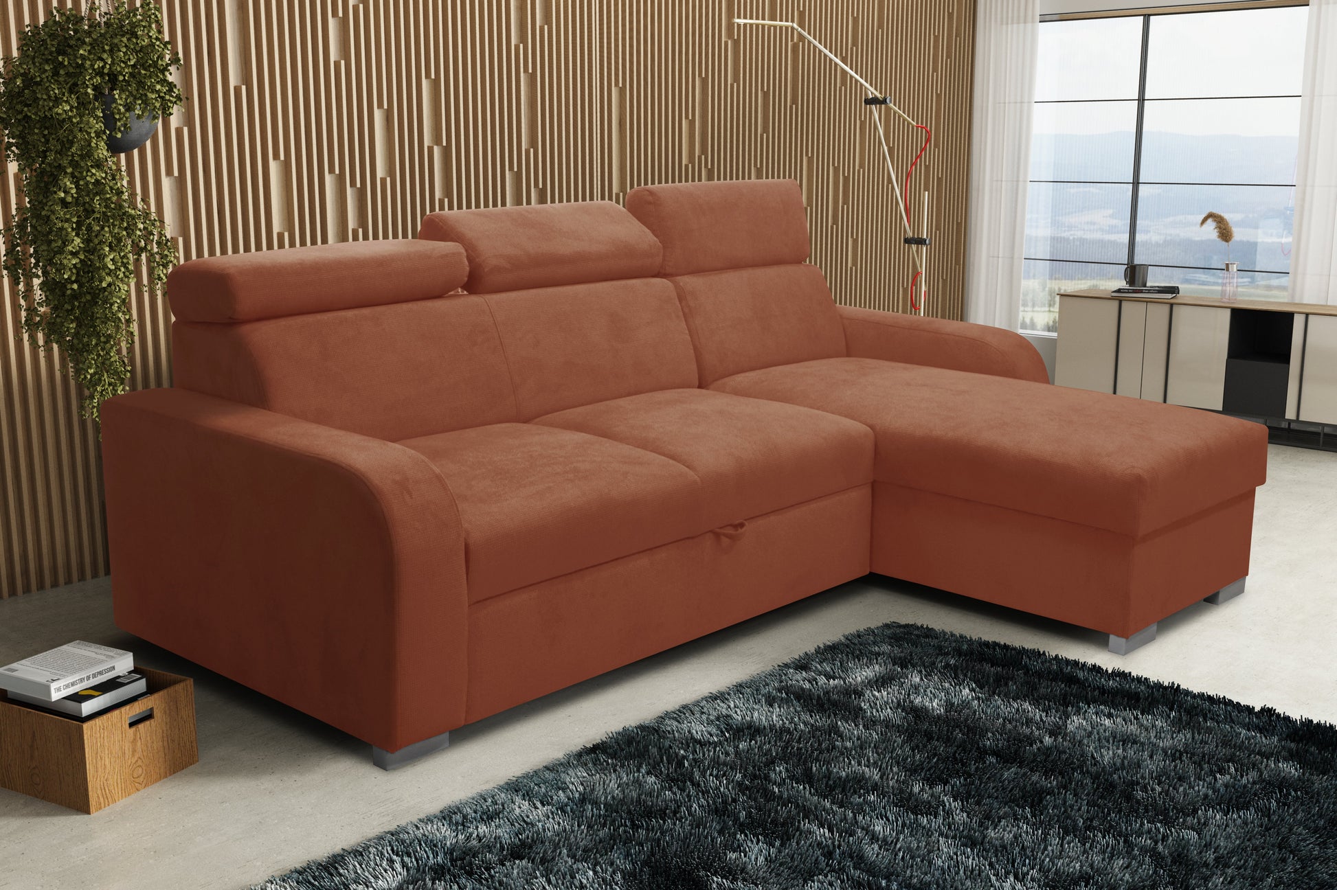 UNIVERSAL CORNER SOFA BED ASTEE 235CM EASY CLEAN FABRIC ADJUSTABLE HEADREST CHOICE OF COLORS / SPRINGS + FOAM