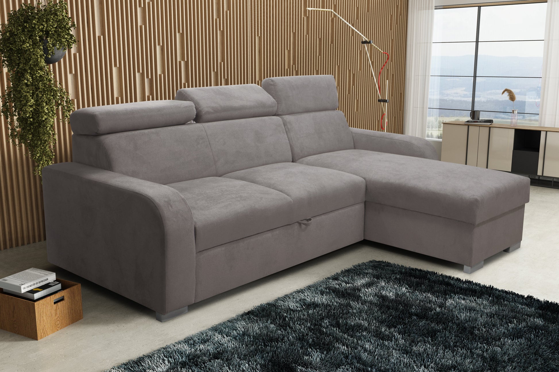 UNIVERSAL CORNER SOFA BED ASTEE 235CM EASY CLEAN FABRIC ADJUSTABLE HEADREST CHOICE OF COLORS / SPRINGS + FOAM