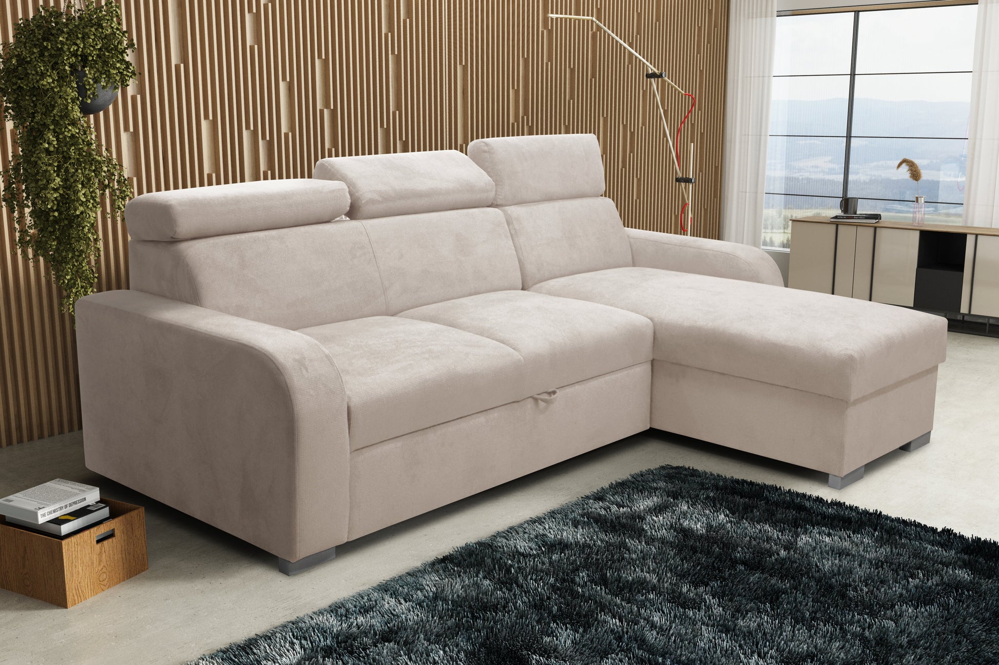 UNIVERSAL CORNER SOFA BED ASTEE 235CM EASY CLEAN FABRIC ADJUSTABLE HEADREST CHOICE OF COLORS / SPRINGS + FOAM