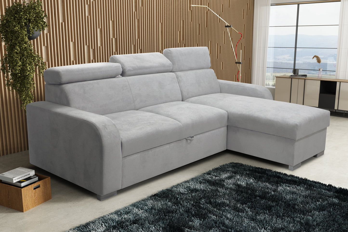 UNIVERSAL CORNER SOFA BED ASTEE 235CM EASY CLEAN FABRIC ADJUSTABLE HEADREST CHOICE OF COLORS / SPRINGS + FOAM