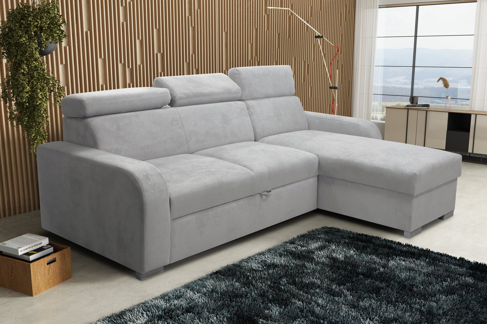 UNIVERSAL CORNER SOFA BED ASTEE 235CM EASY CLEAN FABRIC ADJUSTABLE HEADREST CHOICE OF COLORS / SPRINGS + FOAM