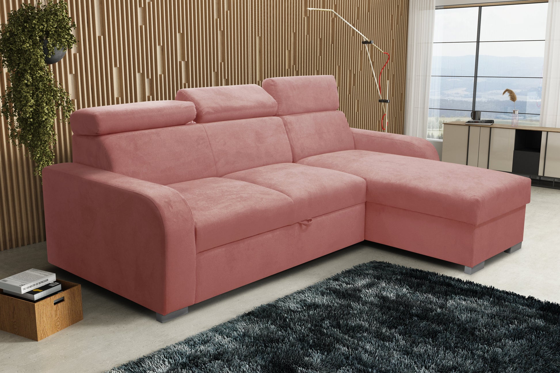 UNIVERSAL CORNER SOFA BED ASTEE 235CM EASY CLEAN FABRIC ADJUSTABLE HEADREST CHOICE OF COLORS / SPRINGS + FOAM