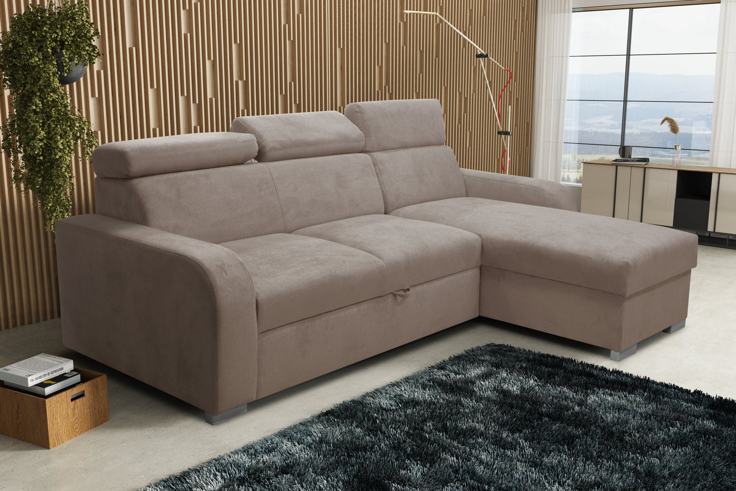 UNIVERSAL CORNER SOFA BED ASTEE 235CM EASY CLEAN FABRIC ADJUSTABLE HEADREST CHOICE OF COLORS / SPRINGS + FOAM