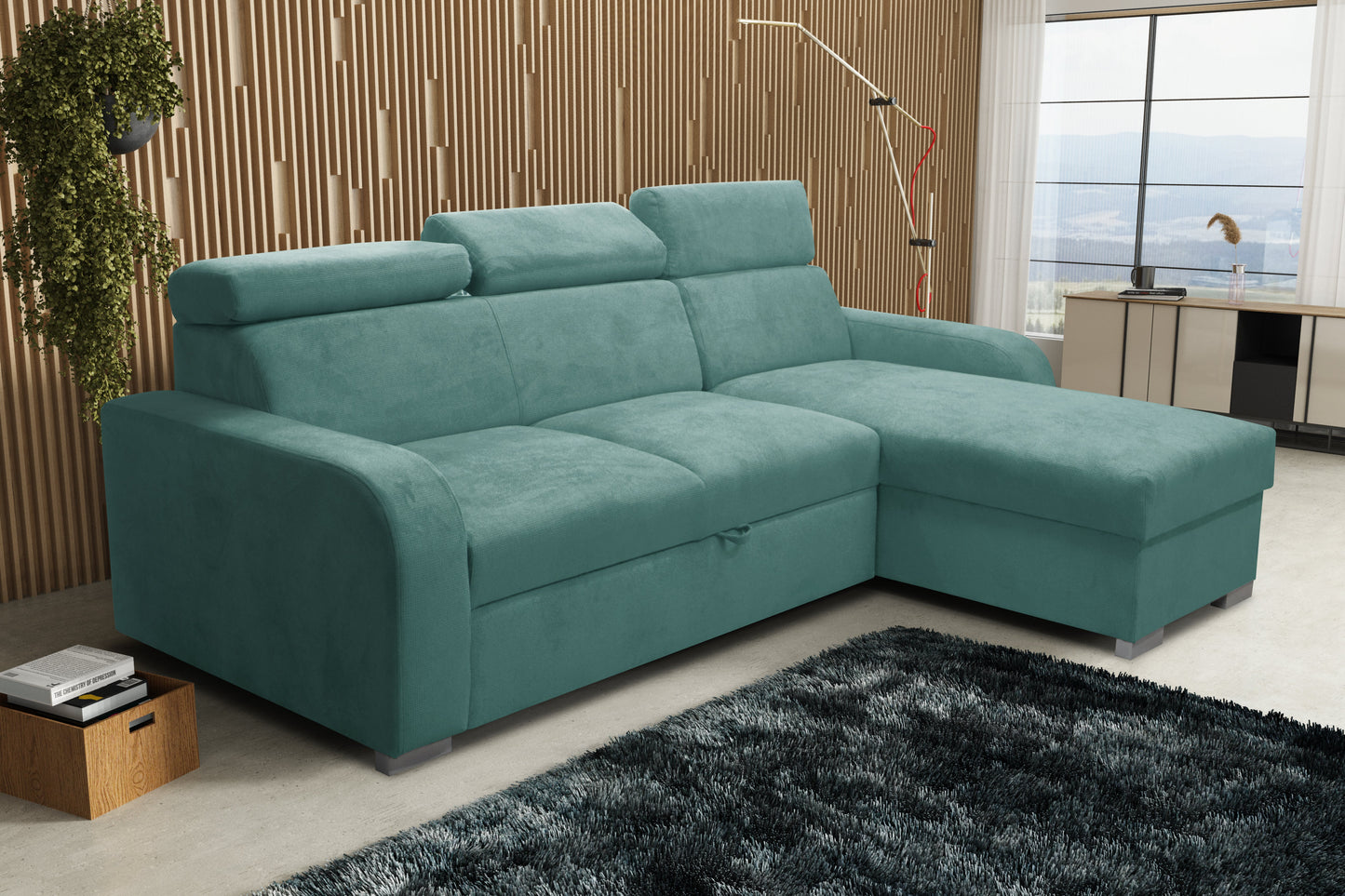 UNIVERSAL CORNER SOFA BED ASTEE 235CM EASY CLEAN FABRIC ADJUSTABLE HEADREST CHOICE OF COLORS / SPRINGS + FOAM