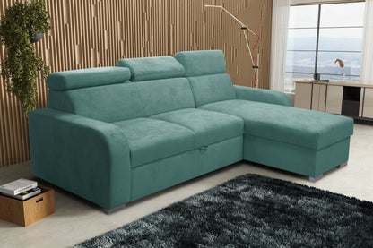UNIVERSAL CORNER SOFA BED ASTEE 235CM EASY CLEAN FABRIC ADJUSTABLE HEADREST CHOICE OF COLORS / SPRINGS + FOAM