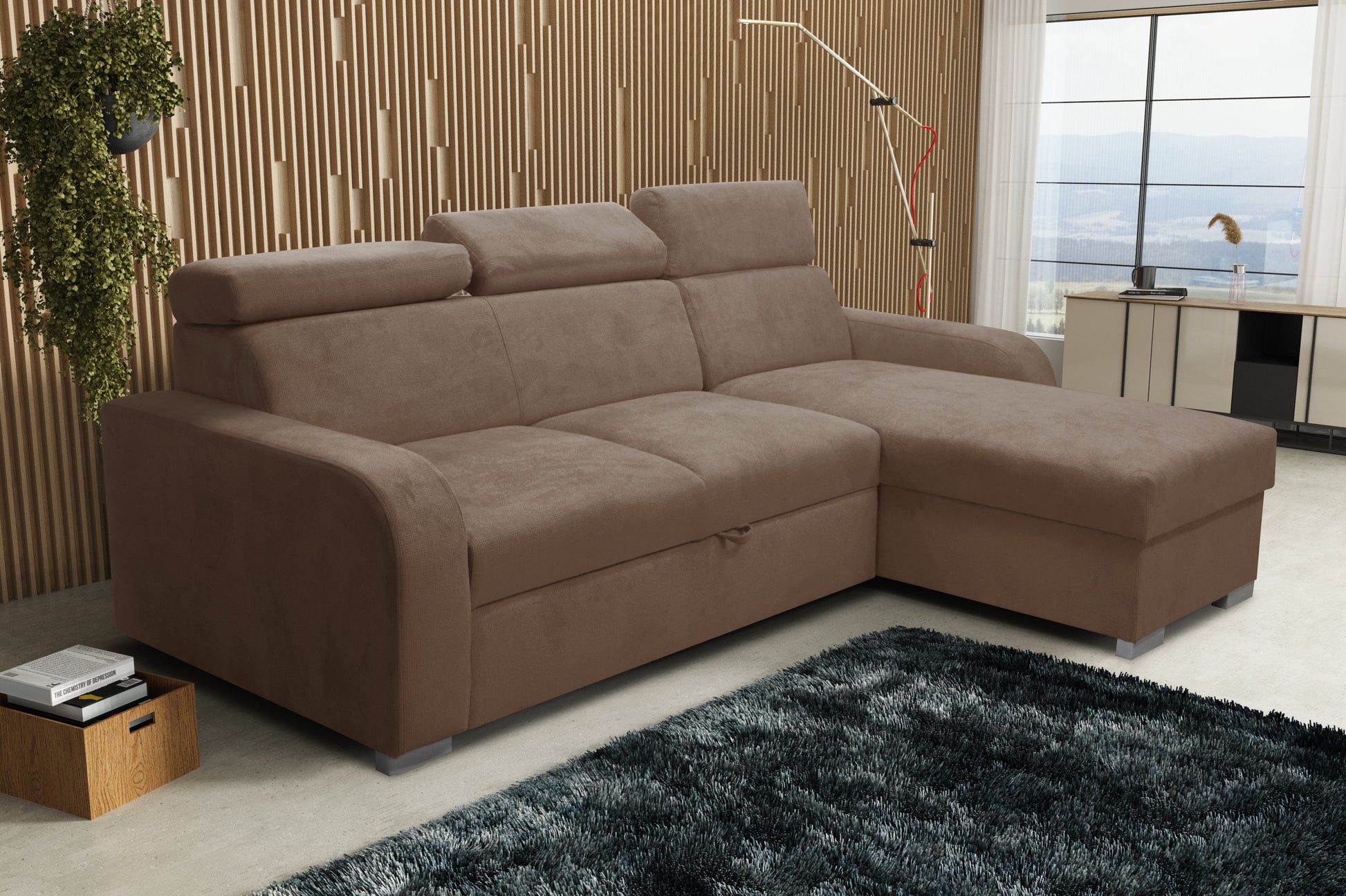 UNIVERSAL CORNER SOFA BED ASTEE 235CM EASY CLEAN FABRIC ADJUSTABLE HEADREST CHOICE OF COLORS / SPRINGS + FOAM