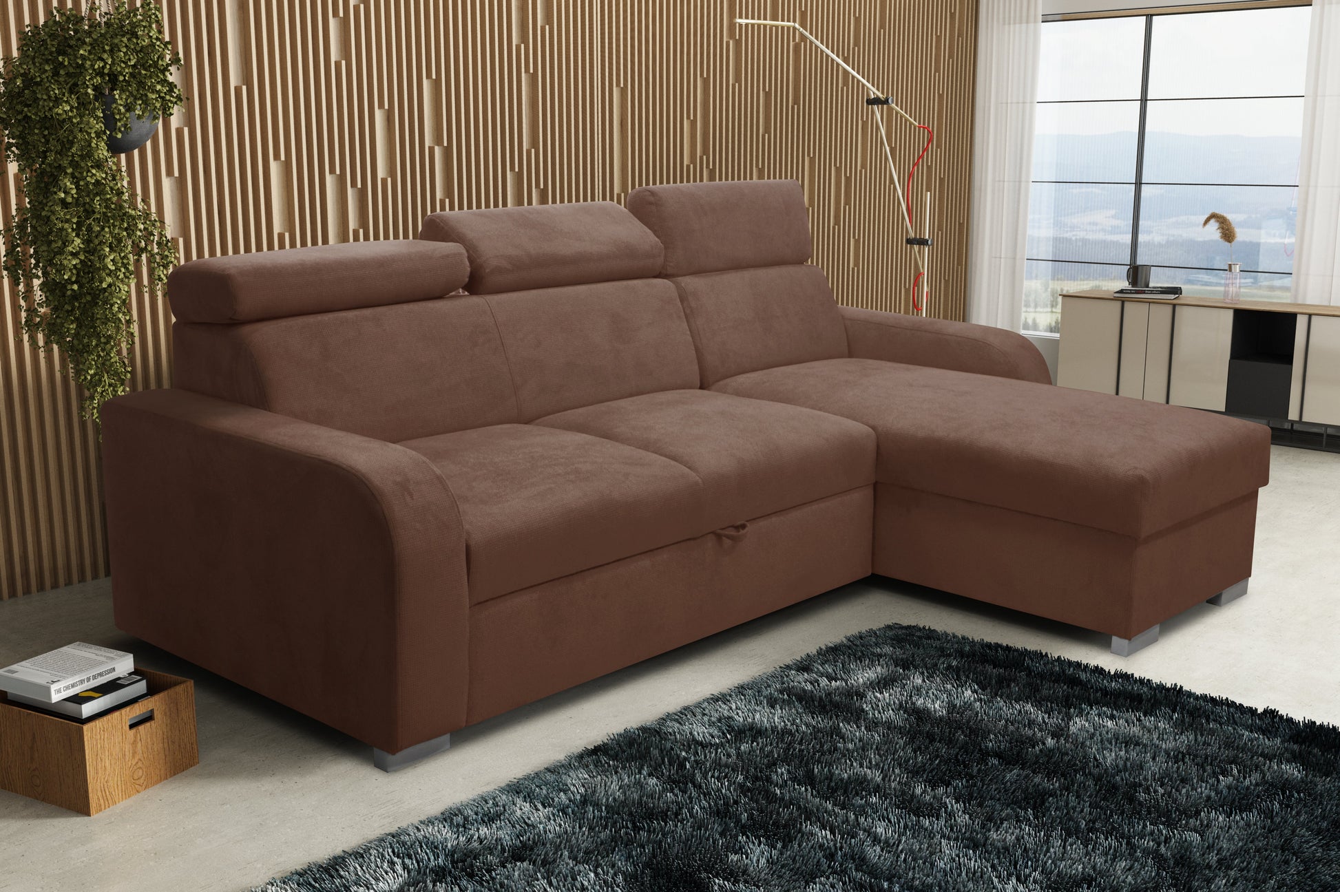 UNIVERSAL CORNER SOFA BED ASTEE 235CM EASY CLEAN FABRIC ADJUSTABLE HEADREST CHOICE OF COLORS / SPRINGS + FOAM