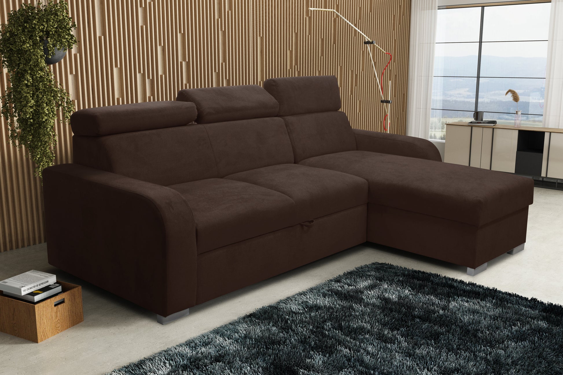 UNIVERSAL CORNER SOFA BED ASTEE 235CM EASY CLEAN FABRIC ADJUSTABLE HEADREST CHOICE OF COLORS / SPRINGS + FOAM