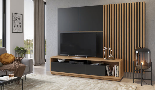 TV WALL UNIT CELINE 10 SLATWALL Wotan oak / black