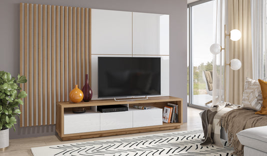 TV WALL UNIT CELINE 10 SLATWALL Wotan oak / white gloss