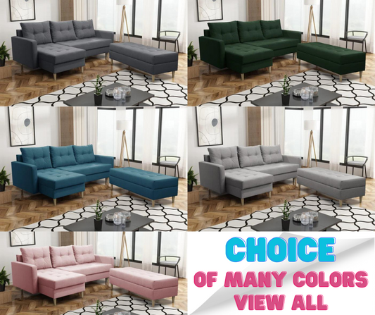 CORNER SOFA BED BRIAN 222CM + STORAGE PUFF / OTTOMAN CHOICE OF COLOR UNIVERSAL RIGHT/LEFT CORNER  / BONELL SPINGS + FOAM
