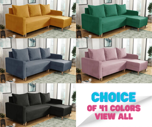 NEW! CORNER SOFA BED SNUGGY 222CM CHOICE OF 41 COLORS UNIVERSAL CORNER RIGHT/LEFT / FOAM