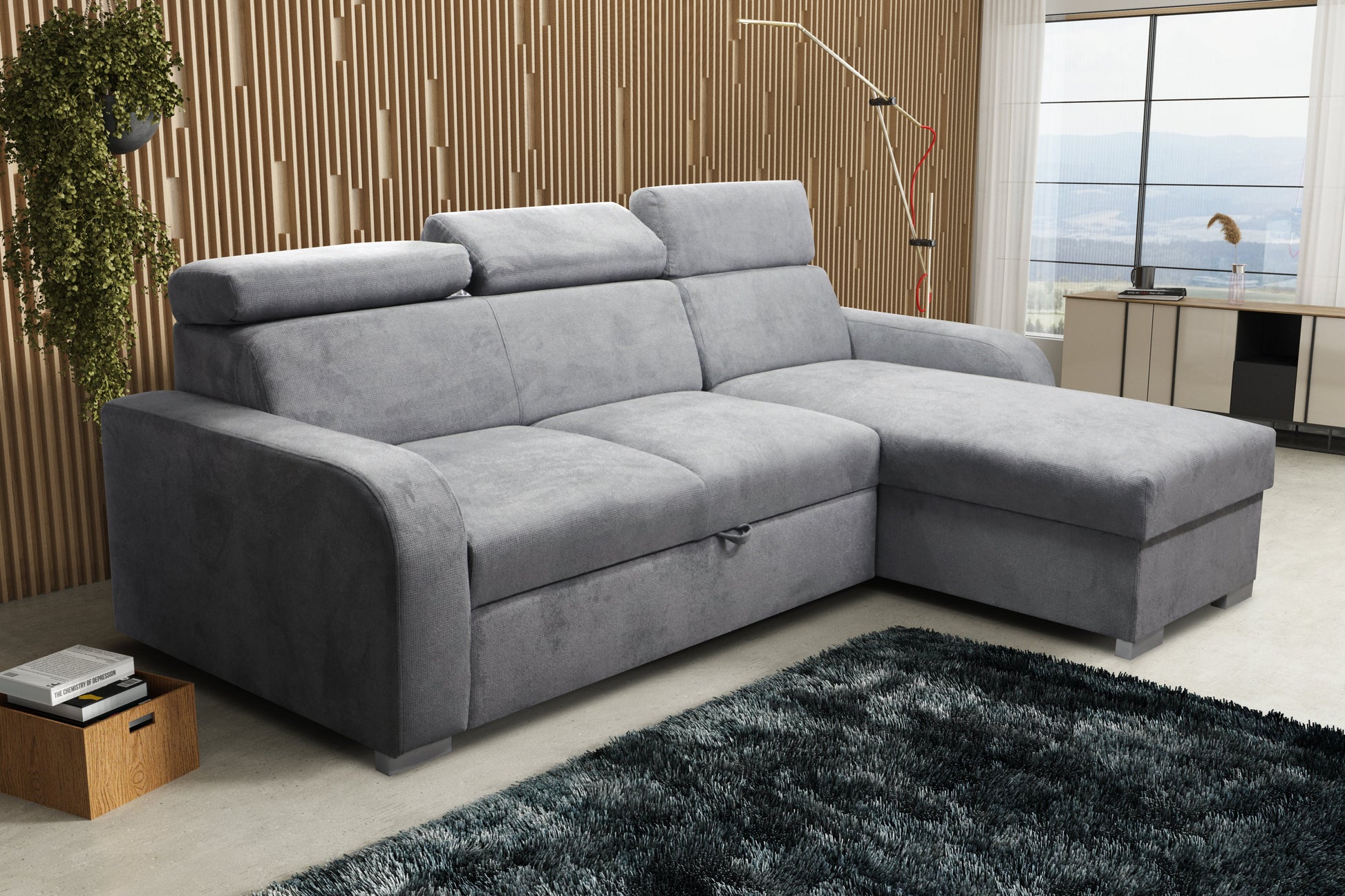 UNIVERSAL CORNER SOFA BED ASTEE 235CM EASY CLEAN FABRIC ADJUSTABLE HEADREST CHOICE OF COLORS / SPRINGS + FOAM