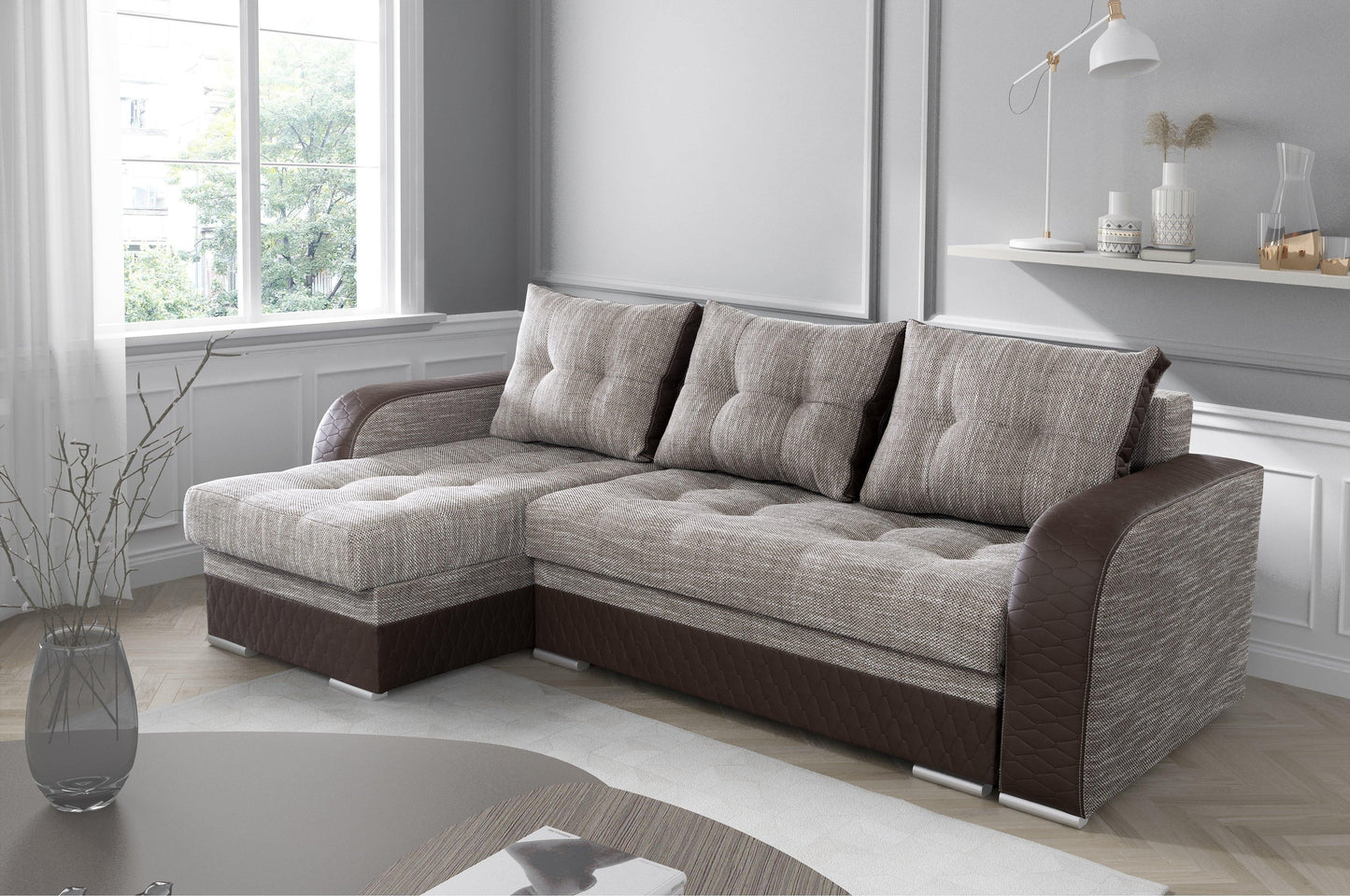 CORNER SOFA BED SAM BROWN BERLIN 03 / W55 236CM 2X STORAGE SPACE universal RIGHT/LEFT CORNER / BONELL SPRINGS + FOAM