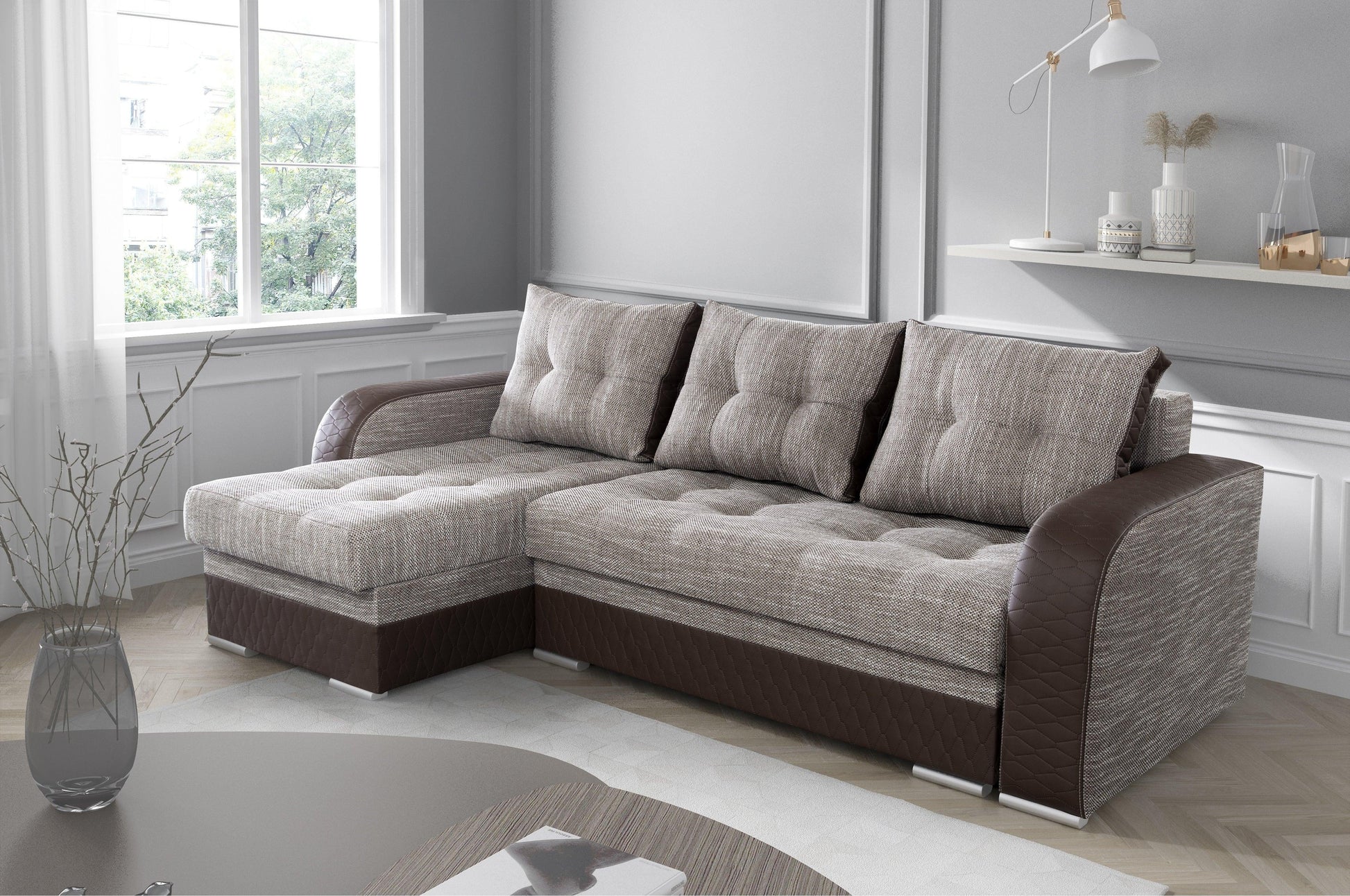 CORNER SOFA BED SAM BROWN BERLIN 03 / W55 236CM 2X STORAGE SPACE universal RIGHT/LEFT CORNER / BONELL SPRINGS + FOAM