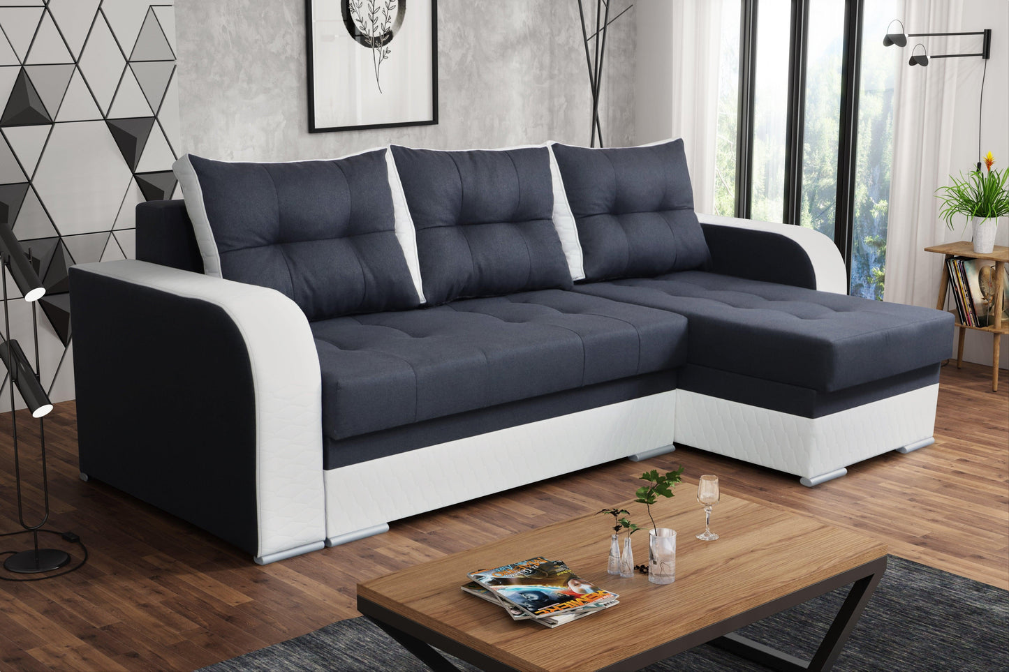 CORNER SOFA BED SAM GRAPHITE / WHITE 236CM 2X STORAGE SPACE universal RIGHT/LEFT CORNER / BONELL SPRINGS + FOAM