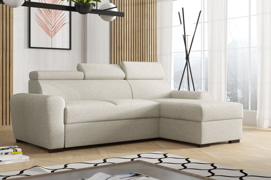 UNIVERSAL CORNER SOFA BED LAMBI 249CM BOUCLE FABRIC ADJUSTABLE HEADREST *CHOICE OF COLORS* / SPRINGS + FOAM