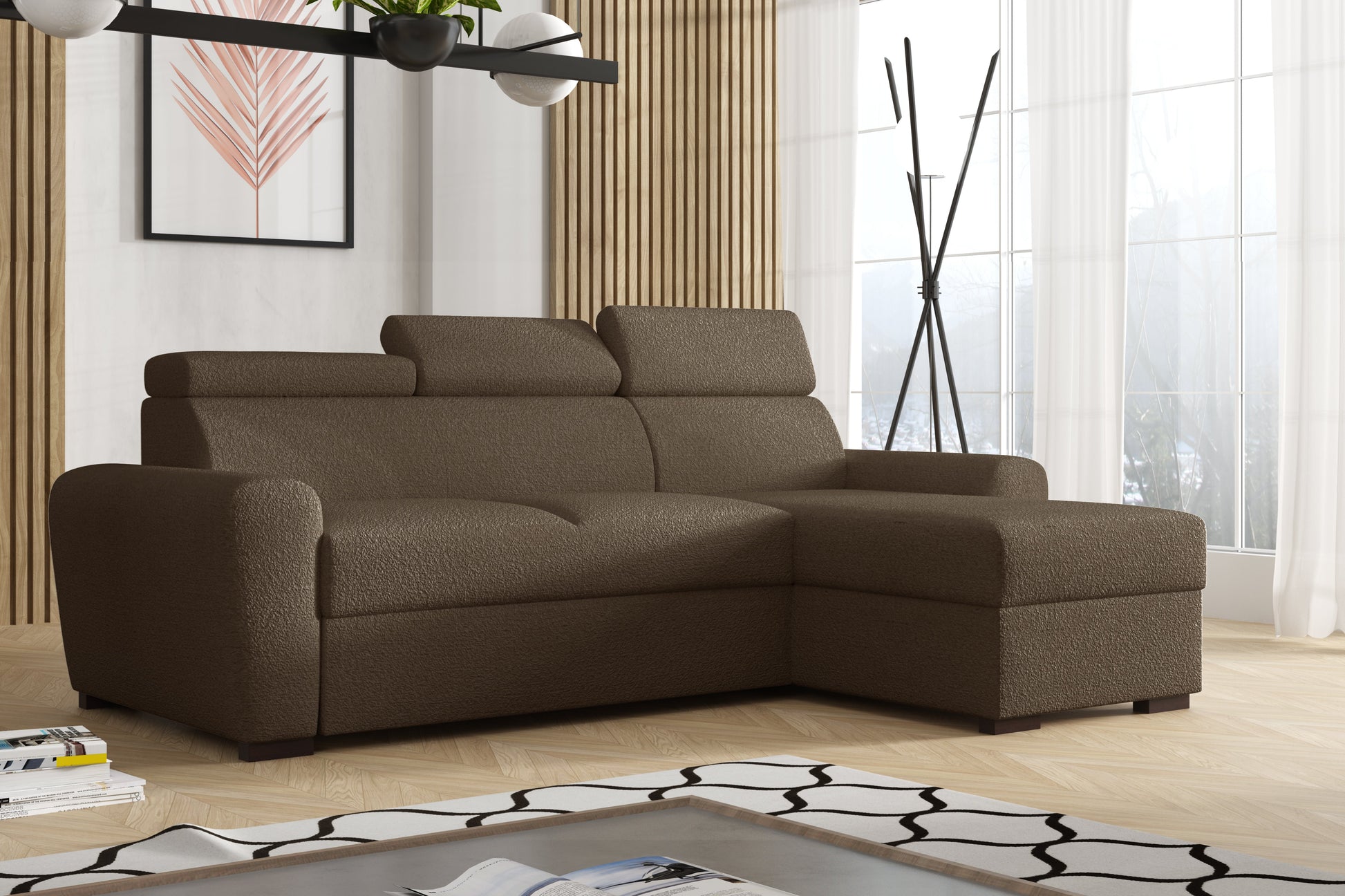 UNIVERSAL CORNER SOFA BED LAMBI 249CM BOUCLE FABRIC ADJUSTABLE HEADREST *CHOICE OF COLORS* / SPRINGS + FOAM