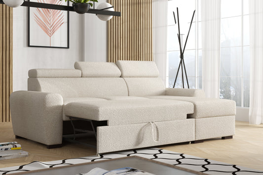 UNIVERSAL CORNER SOFA BED LAMBI 249CM BOUCLE FABRIC ADJUSTABLE HEADREST *CHOICE OF COLORS* / SPRINGS + FOAM