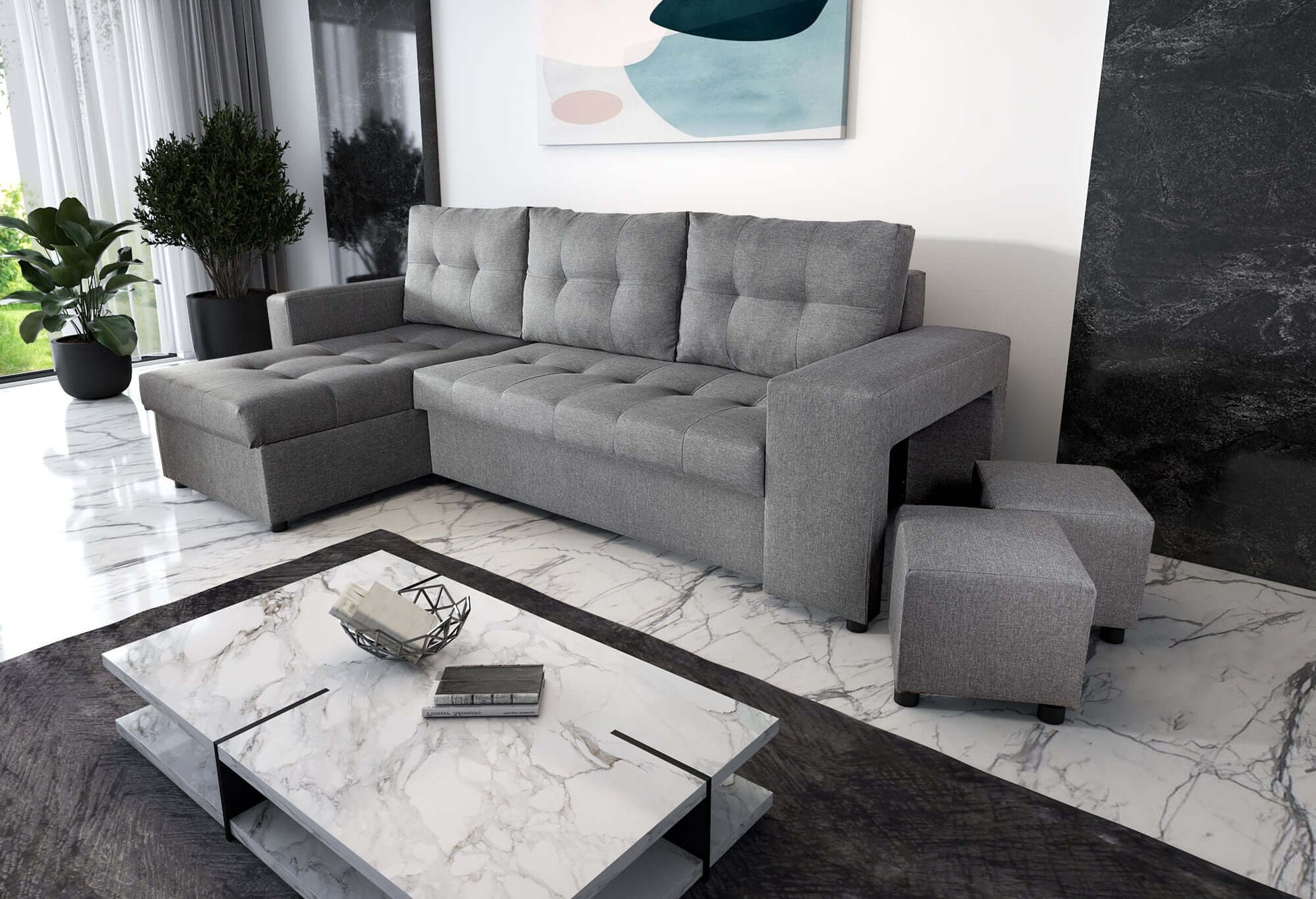 CORNER SOFA BED LEON 255CM 2X STORAGE SPACE UNIVERSAL CORNER RIGHT/LEFT CORNER / BONELL SPRINGS + FOAM