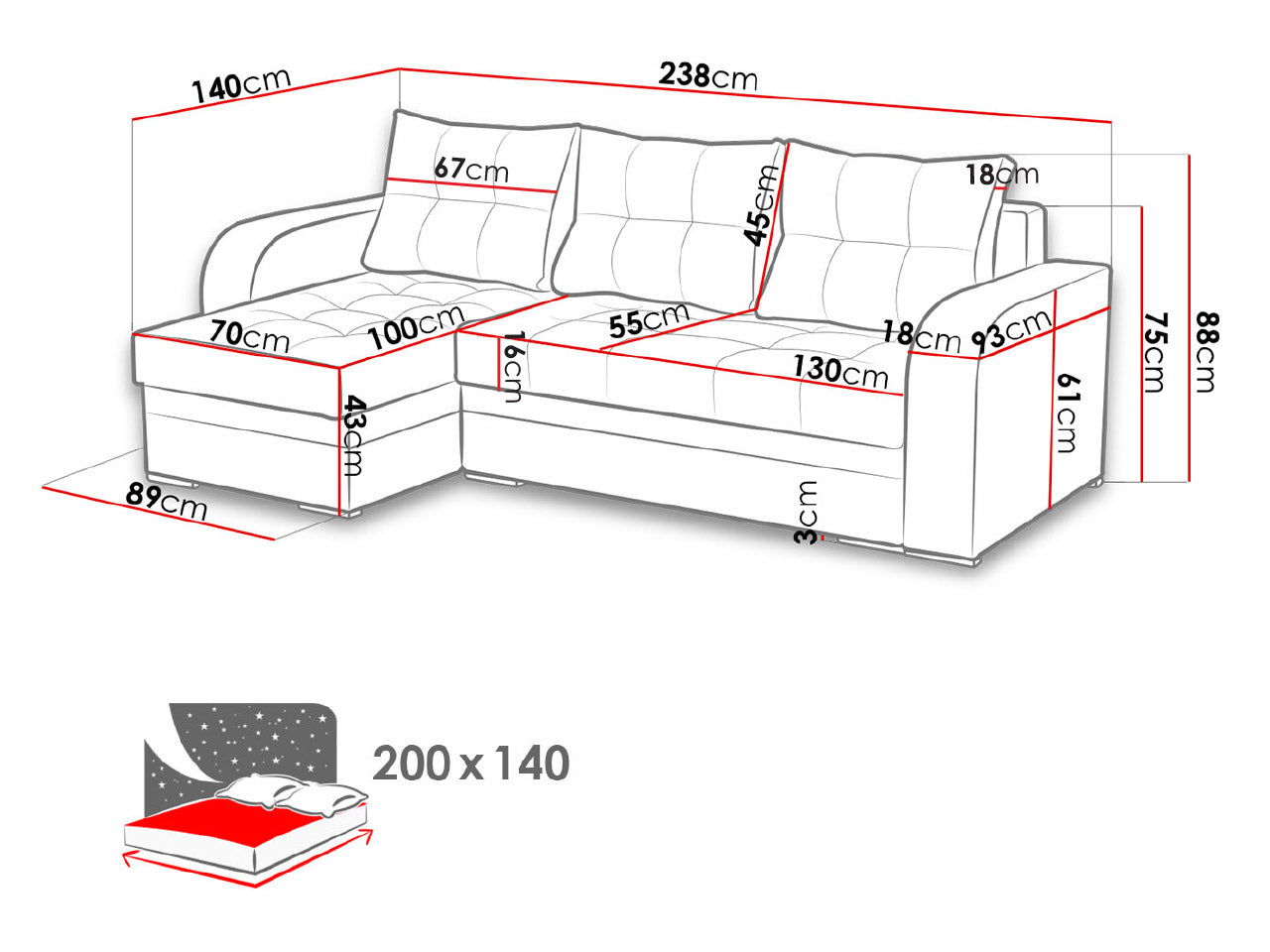 CORNER SOFA BED SAM GRAPHITE / WHITE 236CM 2X STORAGE SPACE universal RIGHT/LEFT CORNER / BONELL SPRINGS + FOAM