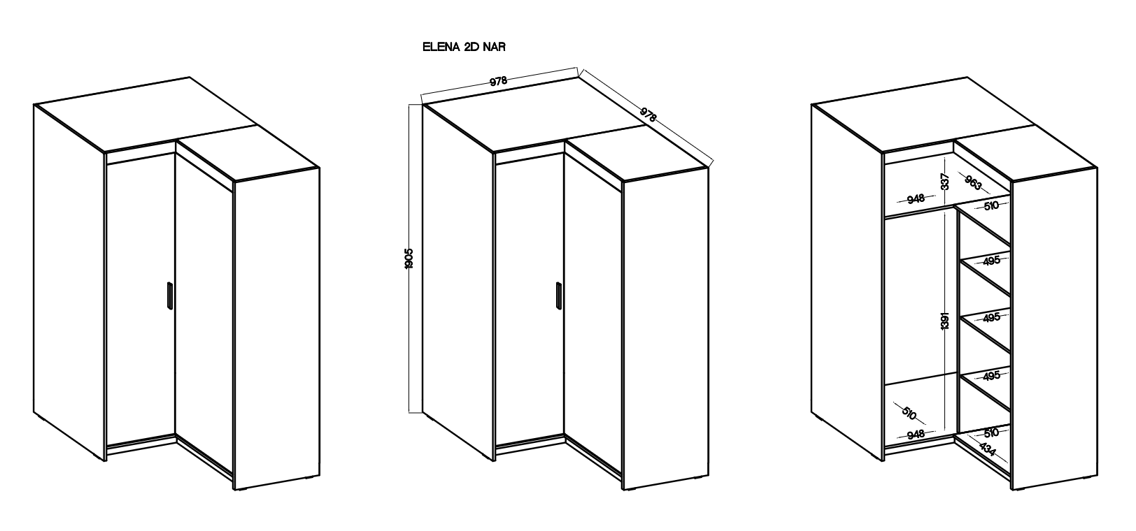 CORNER WARDROBE SELENA 2D NAR 100CM *AVAILABLE IN 3 COLORS*