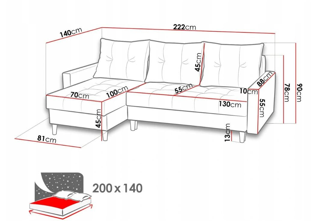 CORNER SOFA BED BRIAN 222x140CM 2X STORAGE SPACE  Universal  CORNER RIGHT/LEFT  / BONELL SPINGS + FOAM