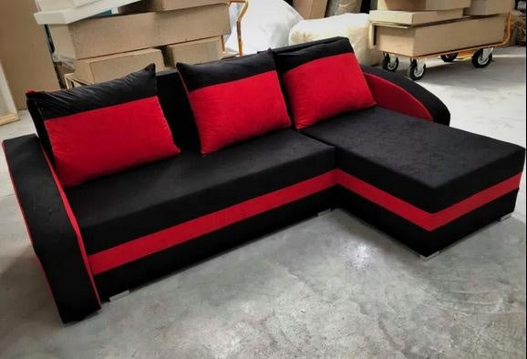 CORNER SOFA BED VELVET BLACK / RED 236cm / FOAM
