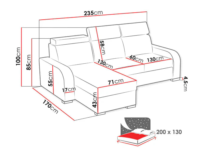 UNIVERSAL CORNER SOFA BED ASTEE 235CM ASTI15 EASY CLEAN FABRIC ADJUSTABLE HEADREST / SPRINGS + FOAM