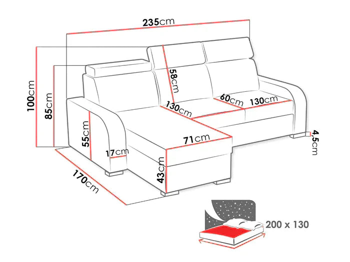 UNIVERSAL CORNER SOFA BED ASTEE 235CM ASTI8 EASY CLEAN FABRIC ADJUSTABLE HEADREST / SPRINGS + FOAM