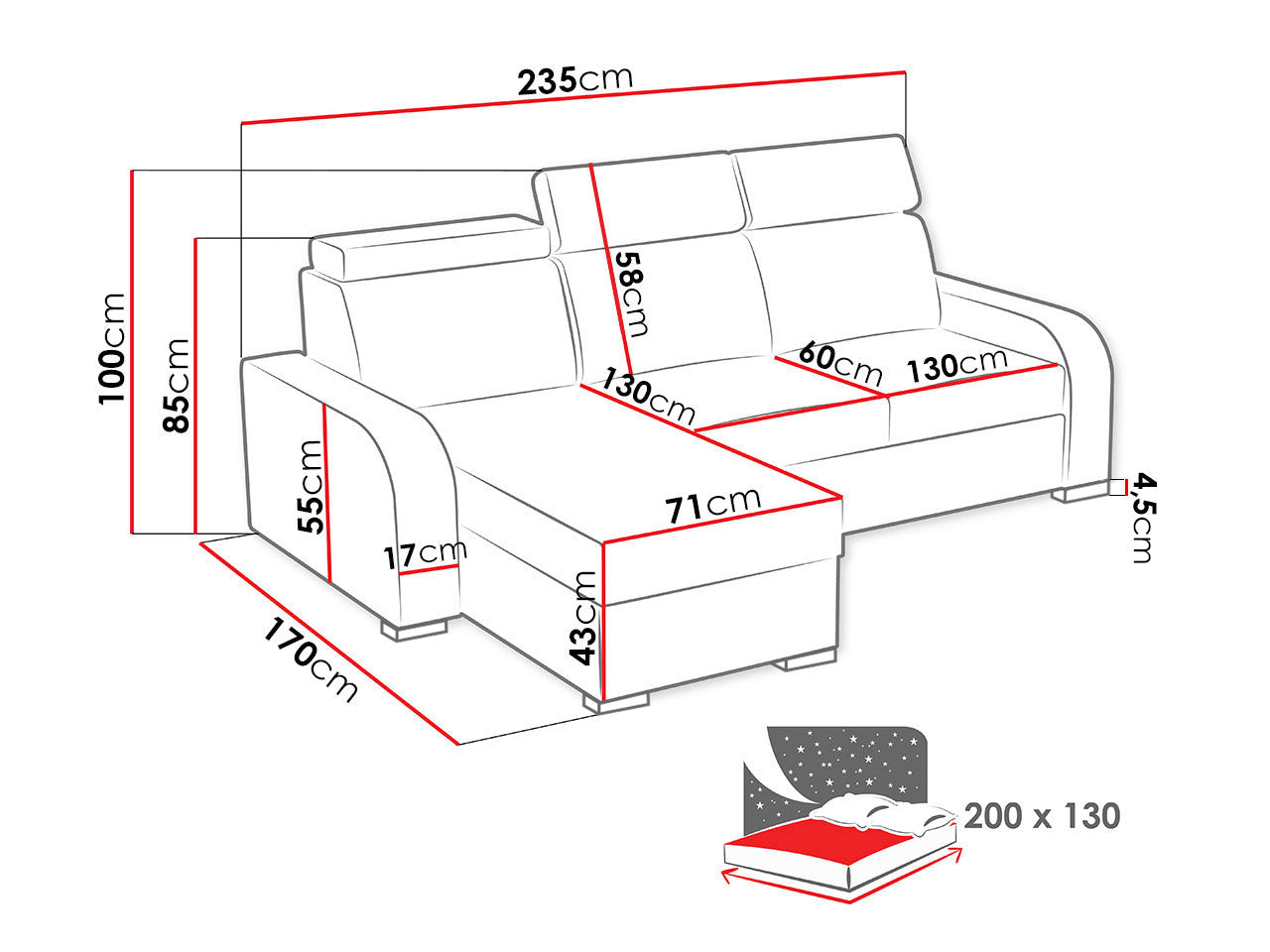 UNIVERSAL CORNER SOFA BED ASTEE 235CM EASY CLEAN FABRIC ADJUSTABLE HEADREST CHOICE OF COLORS / SPRINGS + FOAM