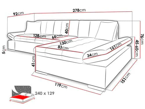 CORNER SOFA BED TOKYO 278cm TERRA 33 PET FRIENDLY EASY CLEAN & WATER REPELLENT FABRIC LEFT CORNER / SPRINGS + FOAM