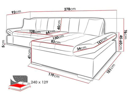 CORNER SOFA BED TOKYO 278cm TERRA 33 PET FRIENDLY EASY CLEAN & WATER REPELLENT FABRIC LEFT CORNER / SPRINGS + FOAM