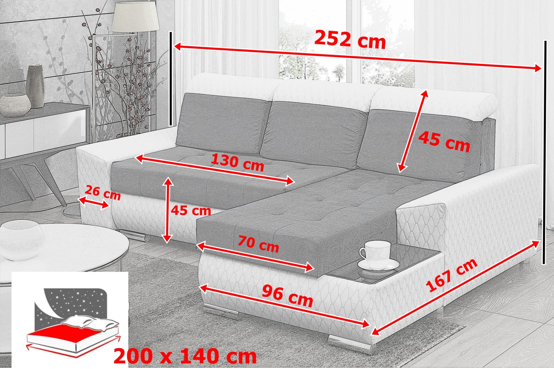 CORNER SOFA BED LONDON 2315/W53 252CM 2X STORAGE SPACE STAIN RESISTANT EASY CLEAN FABRIC / BONELL SPRINGS + FOAM