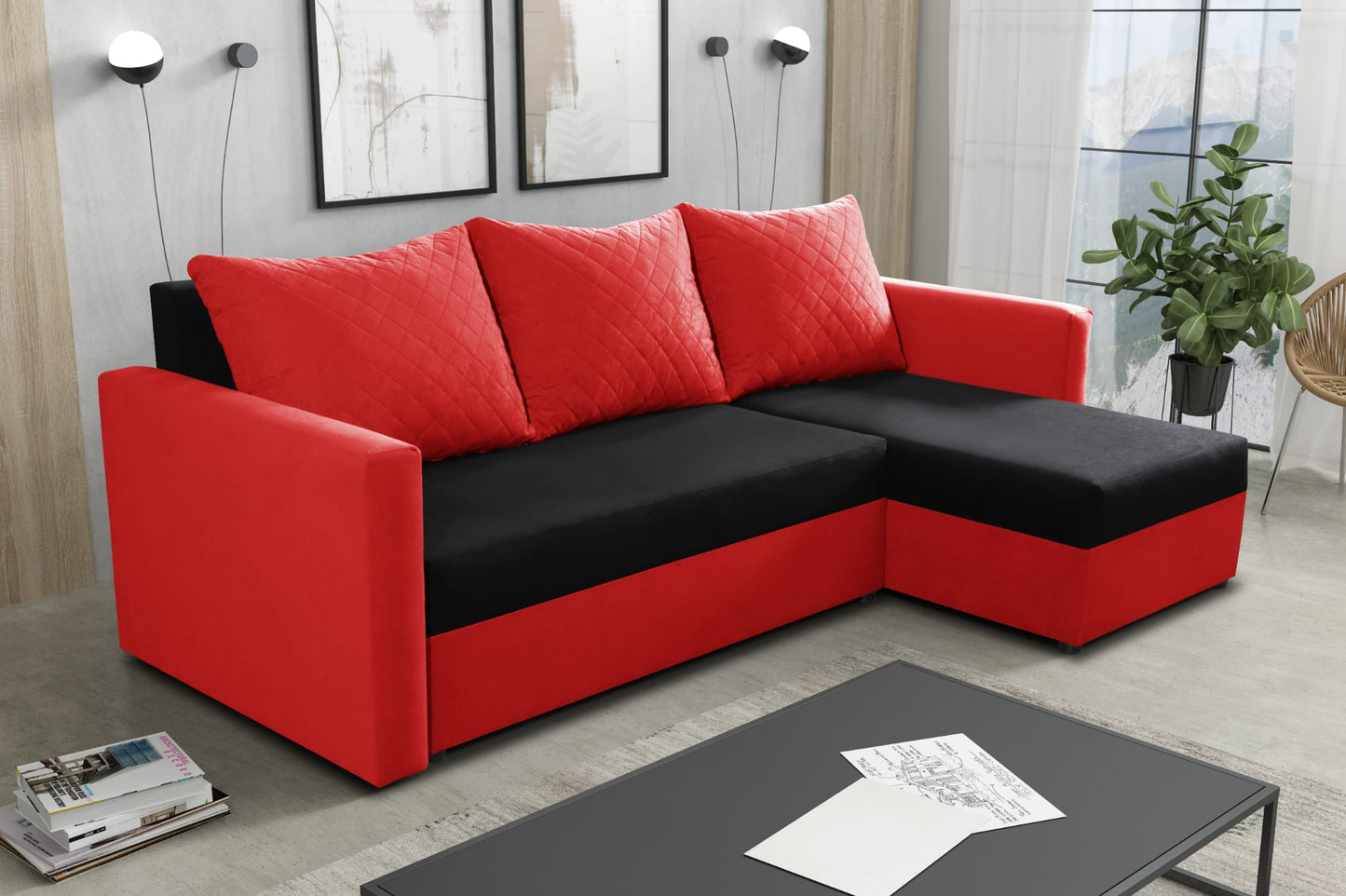 CORNER SOFA BED KEN BLACK/RED 15+22 222cm universal RIGHT/LEFT CORNER / FOAM