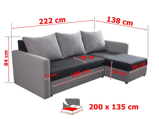 CORNER SOFA BED KEN BLACK/GREY 15+14 222cm universal RIGHT/LEFT CORNER / FOAM