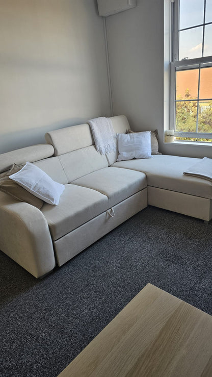 UNIVERSAL CORNER SOFA BED ASTEE 235CM EASY CLEAN FABRIC ADJUSTABLE HEADREST CHOICE OF COLORS / SPRINGS + FOAM