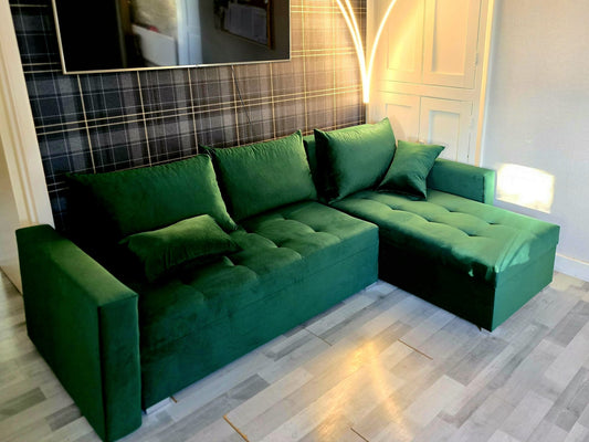 UNIVERSAL CORNER SOFA BED LOTUS 229CM GREEN KRONOS 19 2X STORAGE SPACE / FOAM 2X STORAGE