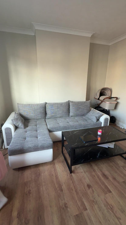 UNIVERSAL CORNER SOFA BED ECO 240CM GREY/WHITE FAUX LEATHER BERLIN 01 / MADRYT 920 2X STORAGE