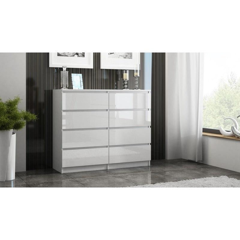 CHEST OF 8 DRAWS WHITE/WHITE GLOSS 120CM