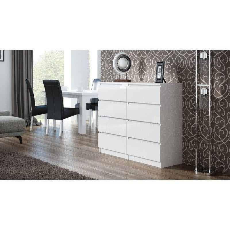 CHEST OF 8 DRAWS WHITE/WHITE GLOSS 120CM