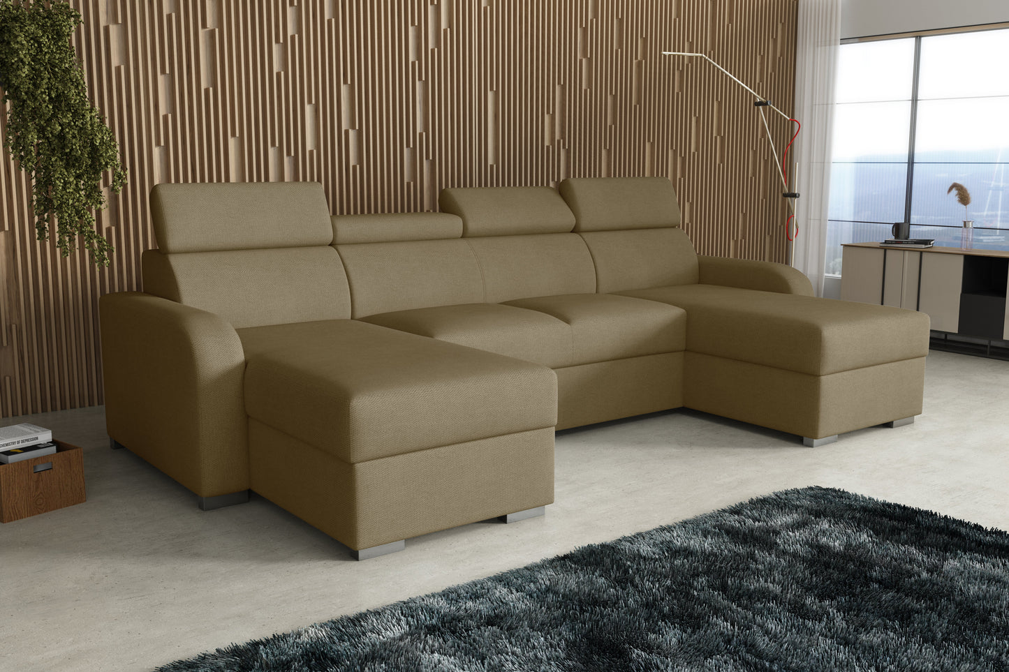 NEW! CORNER SOFA BED ASTEE U SHAPE CROWN FABRIC EASY CLEAN FABRIC ADJUSTABLE HEADREST / SPRINGS + FOAM