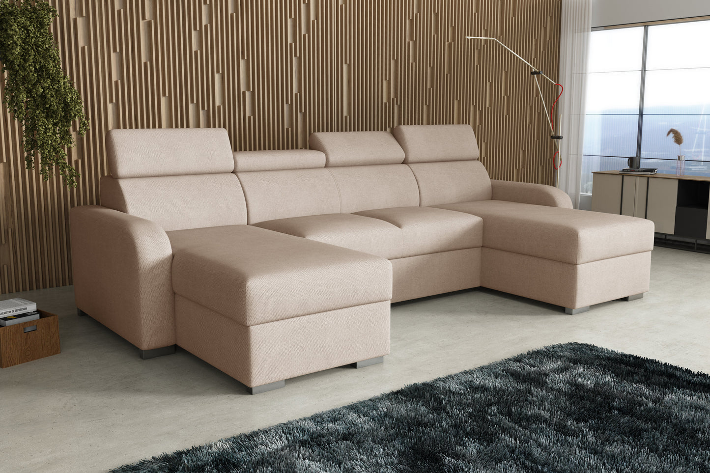 NEW! CORNER SOFA BED ASTEE U SHAPE CROWN FABRIC EASY CLEAN FABRIC ADJUSTABLE HEADREST / SPRINGS + FOAM