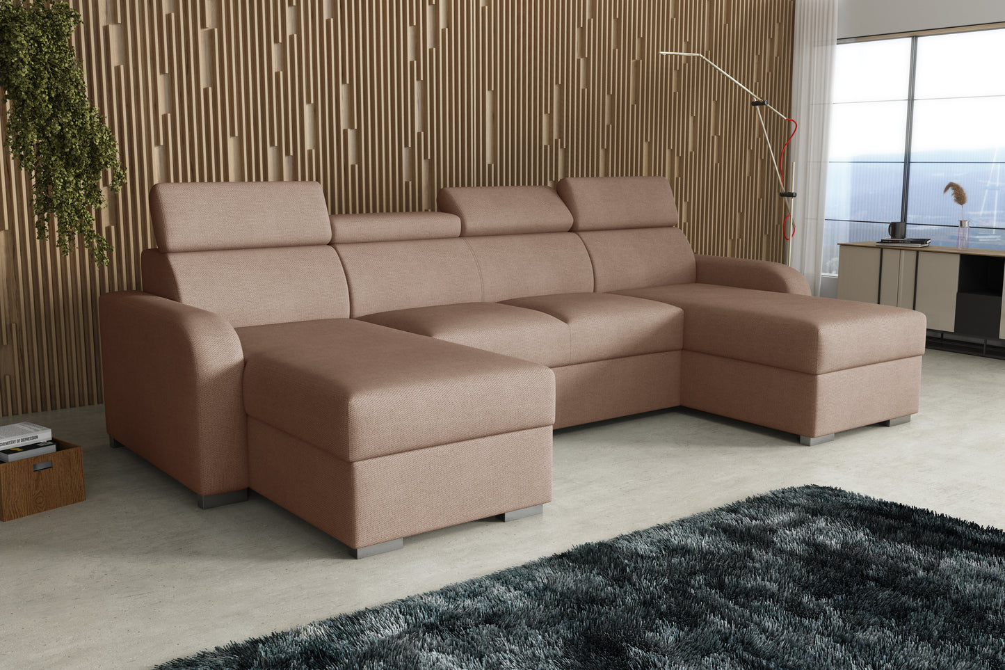 NEW! CORNER SOFA BED ASTEE U SHAPE CROWN FABRIC EASY CLEAN FABRIC ADJUSTABLE HEADREST / SPRINGS + FOAM