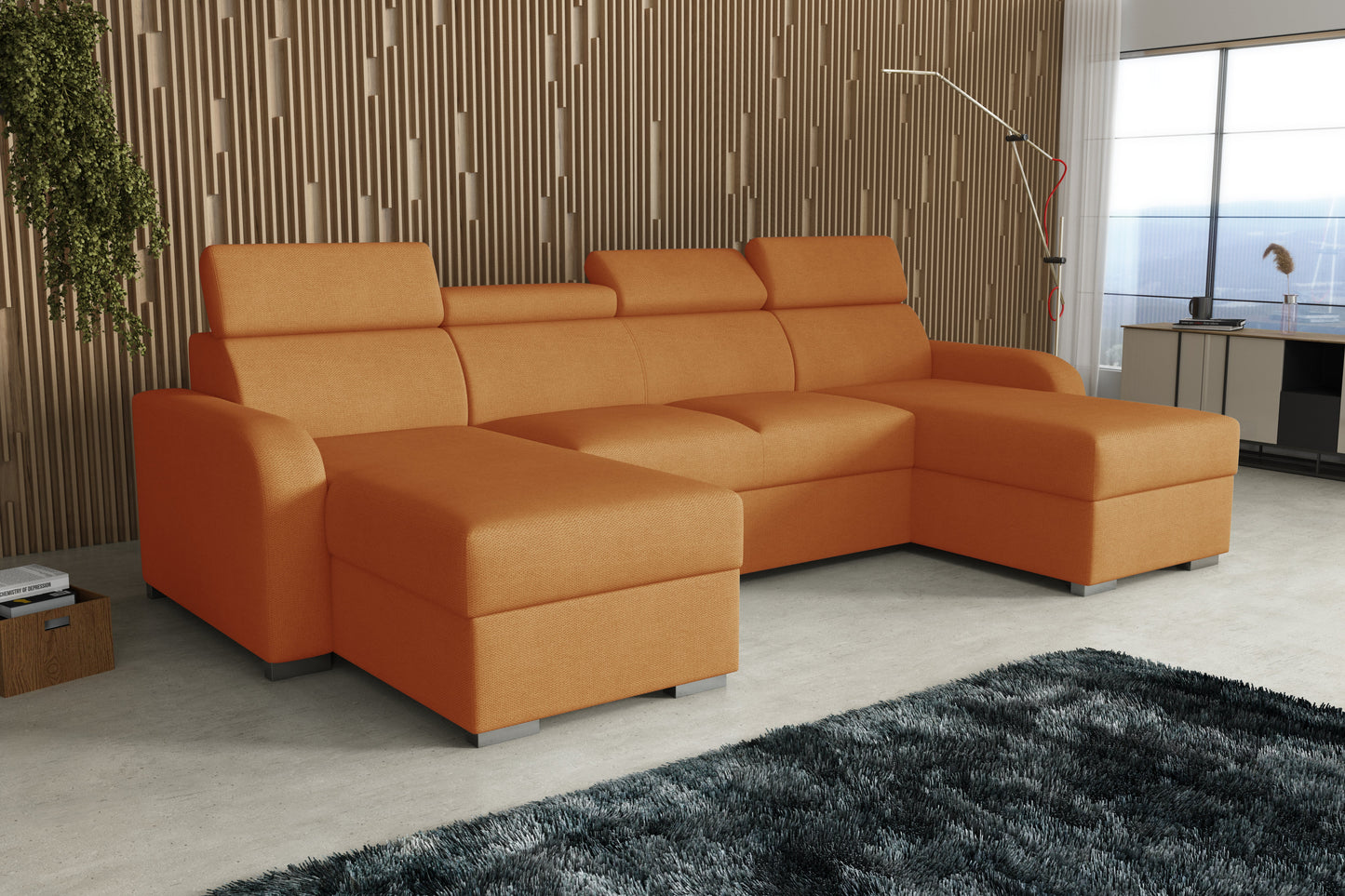 NEW! CORNER SOFA BED ASTEE U SHAPE CROWN FABRIC EASY CLEAN FABRIC ADJUSTABLE HEADREST / SPRINGS + FOAM