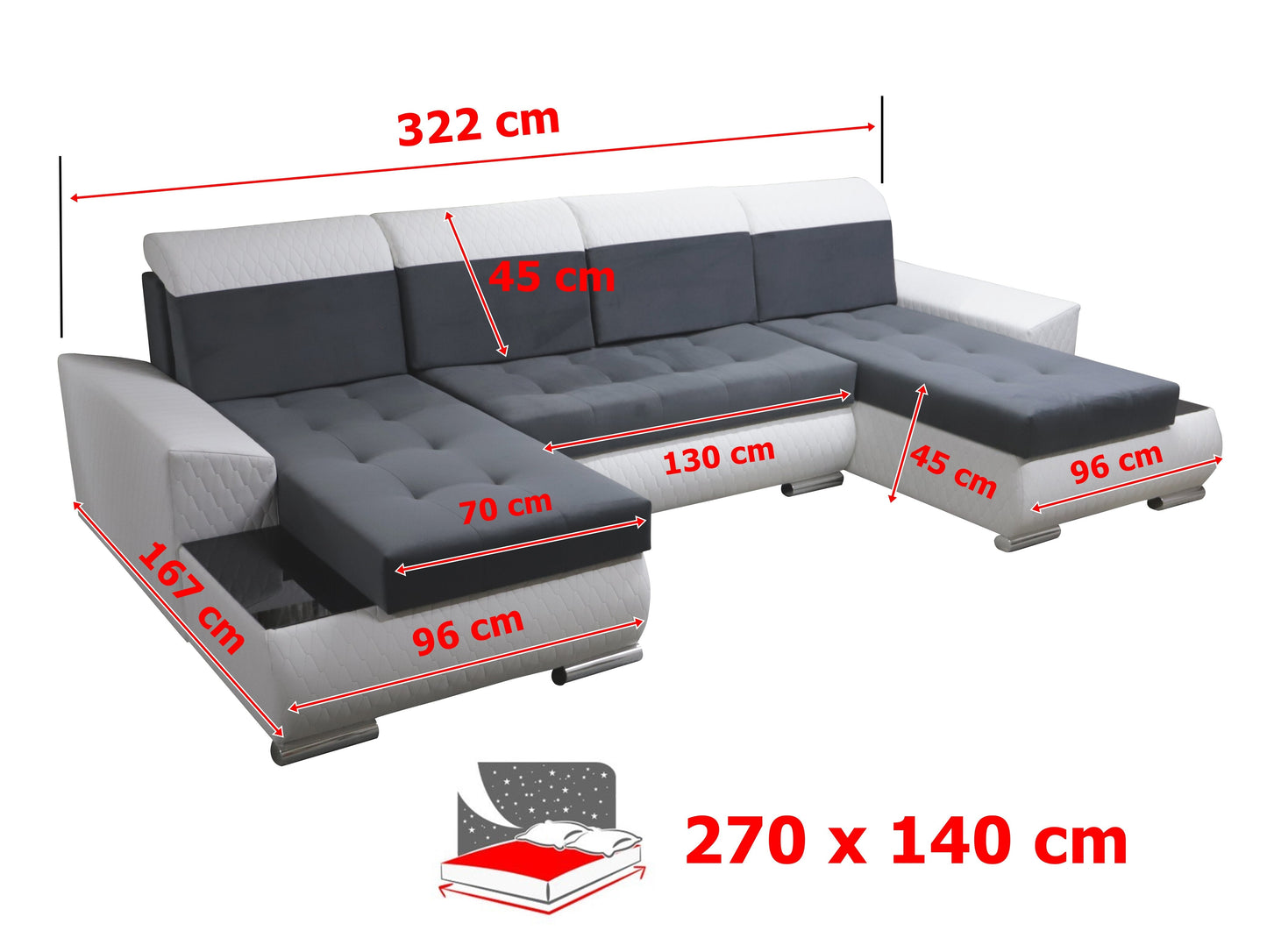 CORNER SOFA BED LONDON U SHAPE 2303/1113/60 322CM 3X STORAGE SPACE STAIN RESISTANT EASY CLEAN FABRIC / BONELL SPRINGS + FOAM