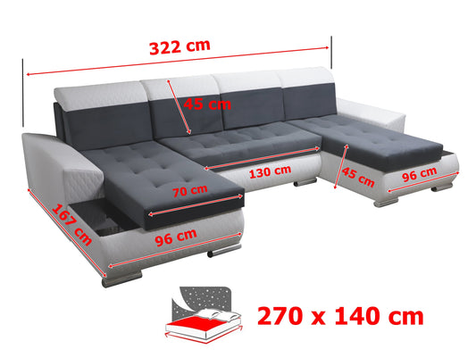 CORNER SOFA BED LONDON U SHAPE 2308/1124/60 322CM 3X STORAGE SPACE STAIN RESISTANT EASY CLEAN FABRIC / BONELL SPRINGS + FOAM